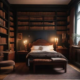 Design a bedroom following the dark academia aesthetic, filled with book stacks, antique furniture, vintage decor, and low, warm lighting.