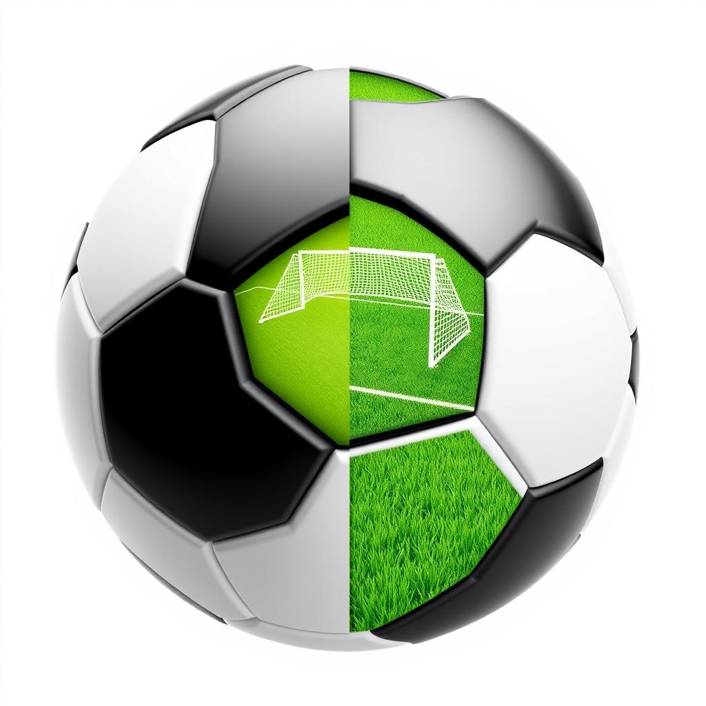 A black and white soccer ball split in half, predominantly black with distinct white patches