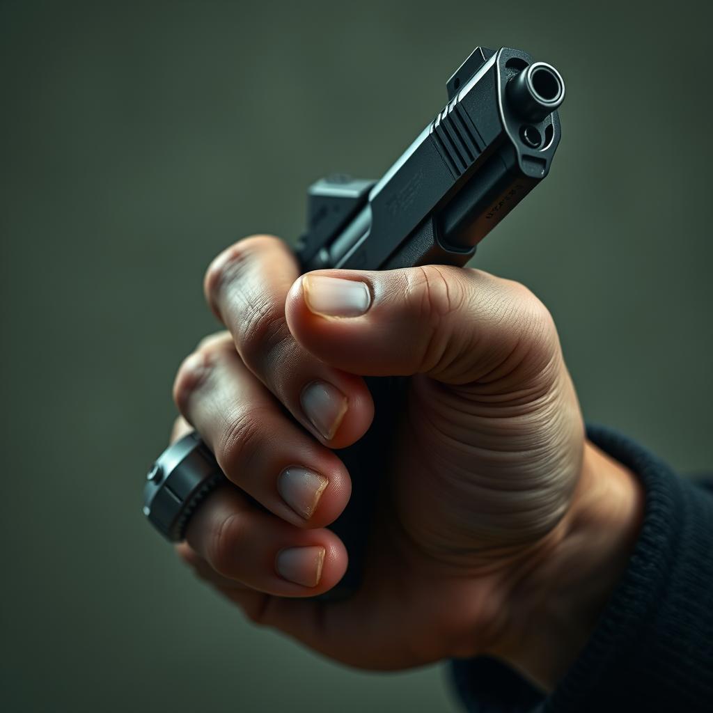 A close-up shot of a man's hand gripping a sleek, modern handgun, showcasing intricate details of the weapon's design