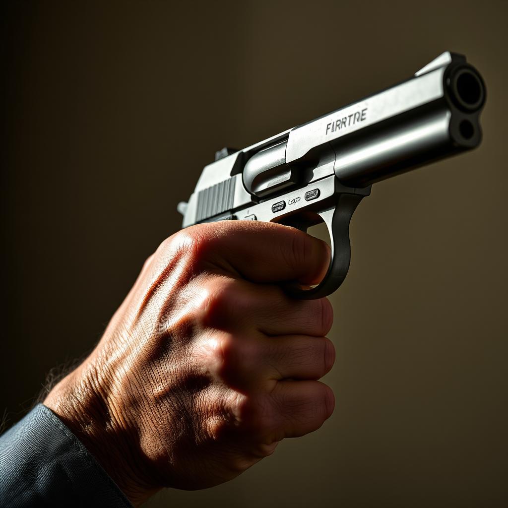 A close-up view of a man's hand gripping a metallic handgun, showcasing the intricate details of the firearm