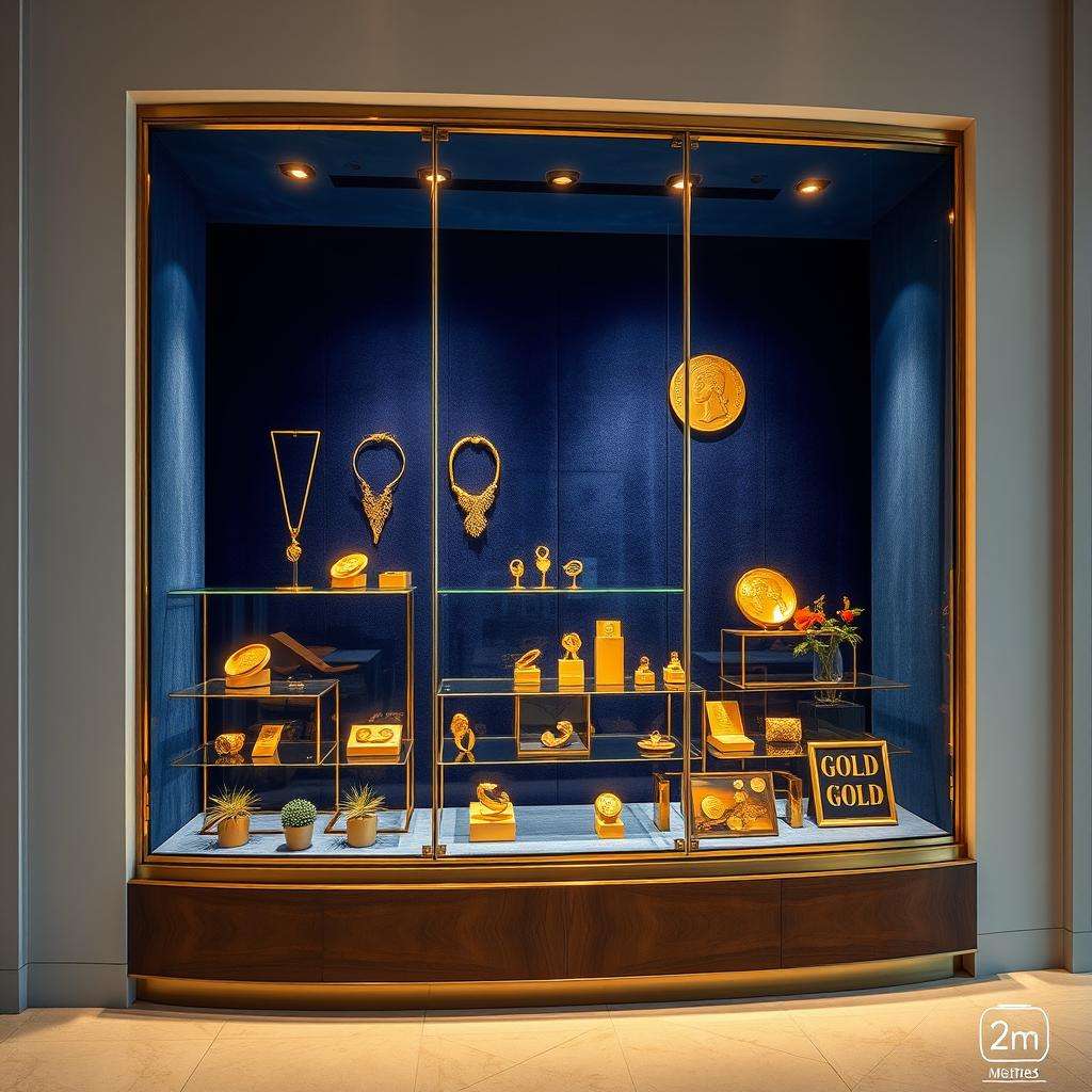 An elegant and modern display window for selling gold, measuring 2 meters long