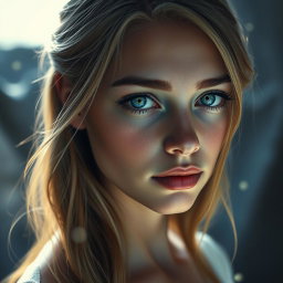 A young woman with dark blonde hair, featuring hyper-realistic details in her appearance