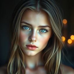 A young woman with dark blonde hair, featuring hyper-realistic details in her appearance