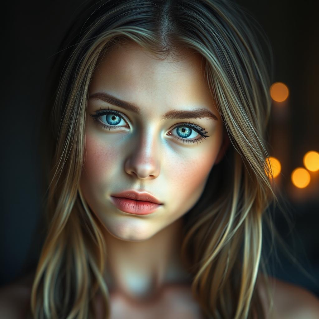 A young woman with dark blonde hair, featuring hyper-realistic details in her appearance