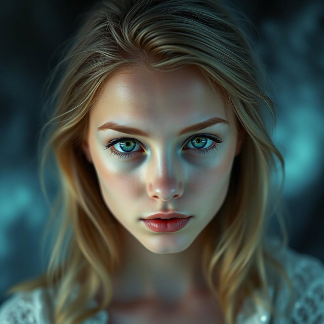 A young woman with dark blonde hair, featuring hyper-realistic details in her appearance