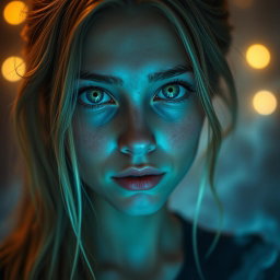 A young woman with dark blonde hair, featuring hyper-realistic details in her appearance