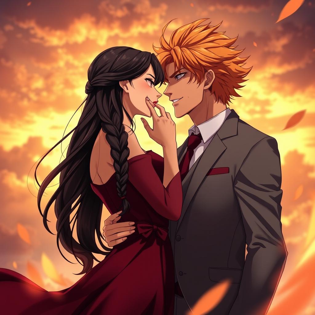 A high-energy shonen anime-style romantic scene depicting a couple standing inches apart, locked in intense tension as if time has stopped before they give in to their passions