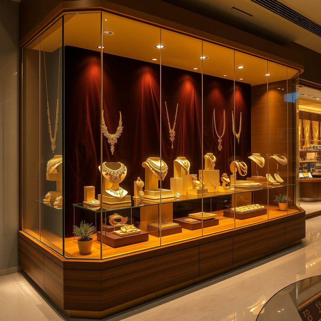 A stylish and luxurious display window designed for selling gold, measuring 2 meters in length