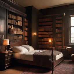 Design a bedroom following the dark academia aesthetic, filled with book stacks, antique furniture, vintage decor, and low, warm lighting.