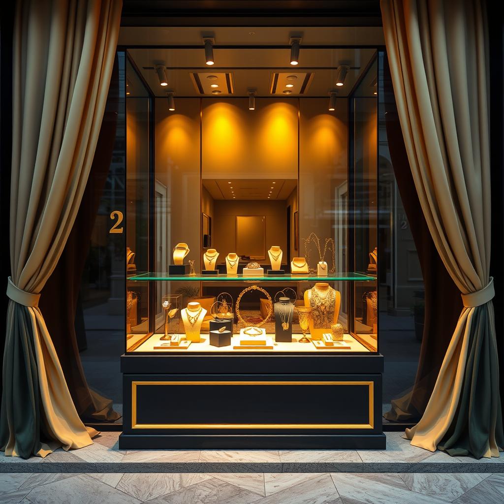 A luxurious display window designed for showcasing gold jewelry
