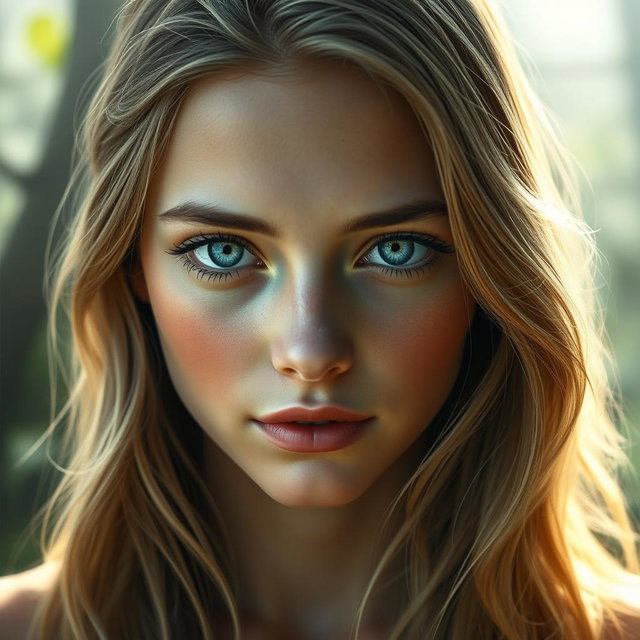 An ethereal young woman with dark blonde hair, showcasing a captivating beauty and unique charm