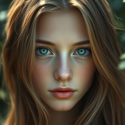 An ethereal young woman with dark blonde hair, showcasing a captivating beauty and unique charm