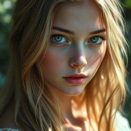 An ethereal young woman with dark blonde hair, showcasing a captivating beauty and unique charm