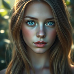 An ethereal young woman with dark blonde hair, showcasing a captivating beauty and unique charm