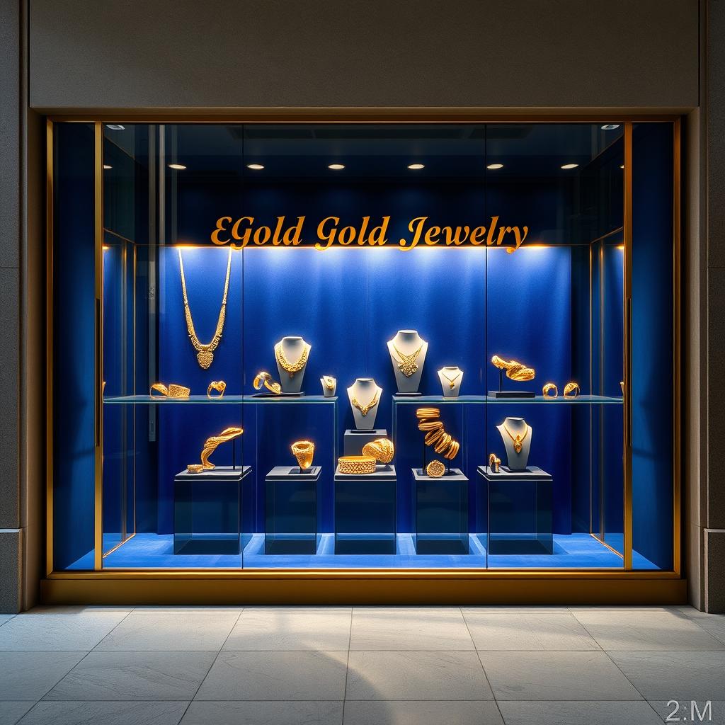A stunning window display designed for selling gold jewelry, featuring a 2-meter-long glass showcase