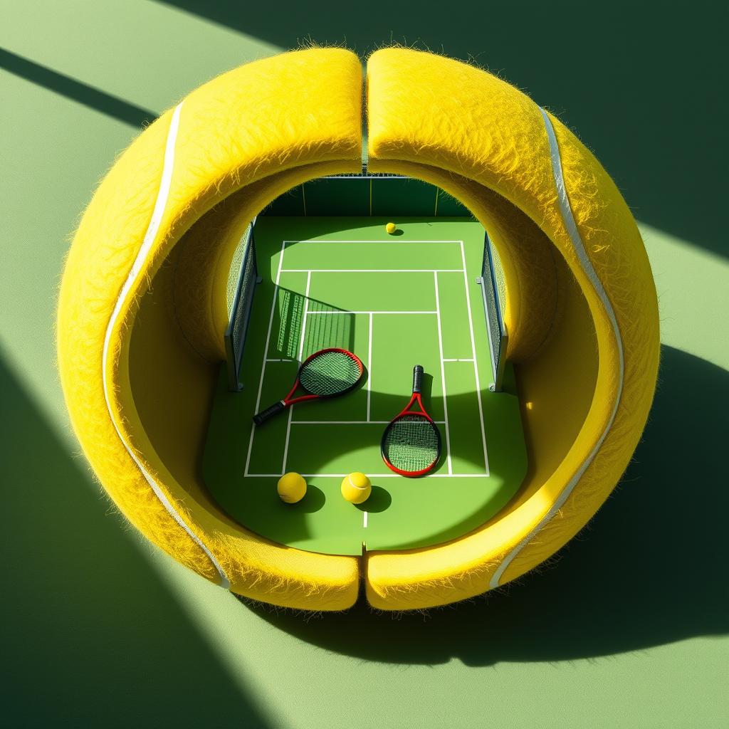 A surreal image of a yellow tennis ball split in half, revealing a detailed tennis court inside