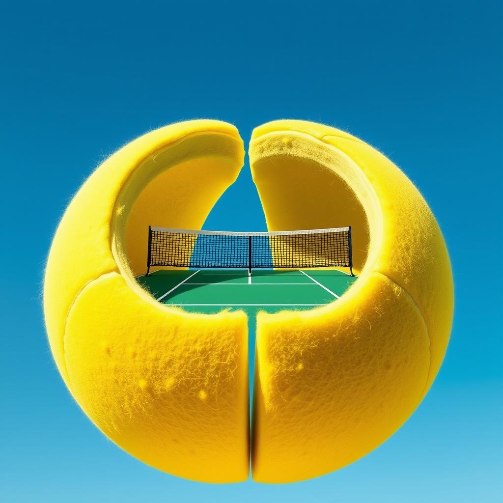 A highly detailed and realistic depiction of a yellow tennis ball split in half, showcasing a vibrant tennis court inside the two halves