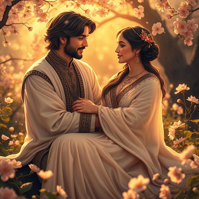 A romantic scene between Khshareshah and Artemis, set in an enchanting garden filled with blossoming flowers and warm, golden sunlight