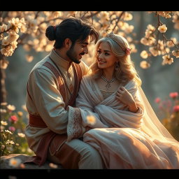 A romantic scene between Khshareshah and Artemis, set in an enchanting garden filled with blossoming flowers and warm, golden sunlight