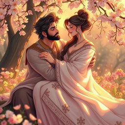 A romantic scene between Khshareshah and Artemis, set in an enchanting garden filled with blossoming flowers and warm, golden sunlight