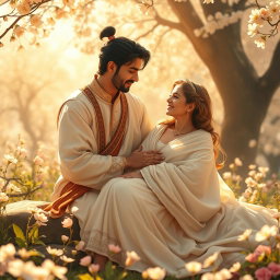 A romantic scene between Khshareshah and Artemis, set in an enchanting garden filled with blossoming flowers and warm, golden sunlight