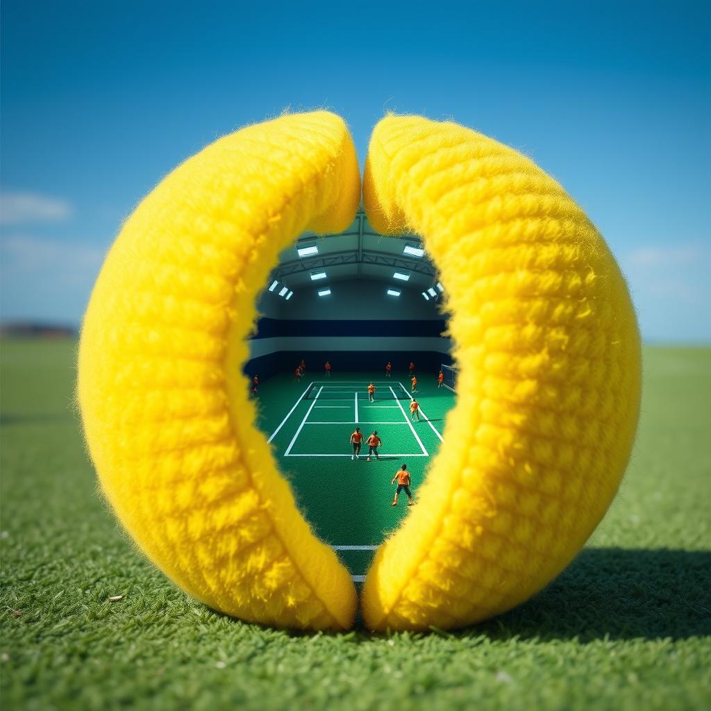 A vibrant yellow tennis ball, meticulously split in half, revealing a detailed tennis court inside