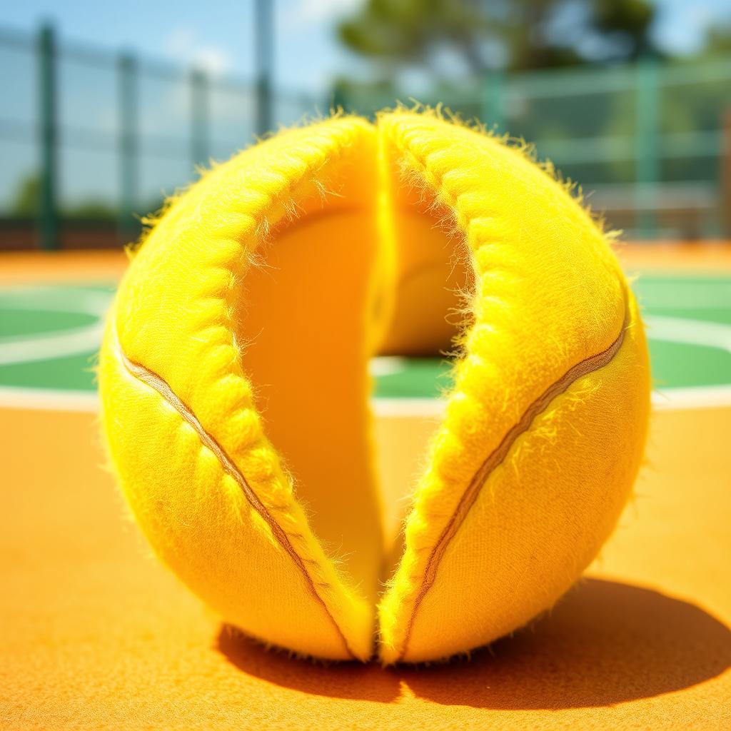 A bright yellow tennis ball split in half, showcasing a vibrant tennis court inside