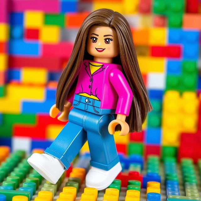 A fully realized Lego doll featuring a body with a bright pink blouse and blue denim jeans