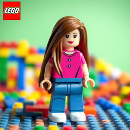 A fully realized Lego doll featuring a body with a bright pink blouse and blue denim jeans