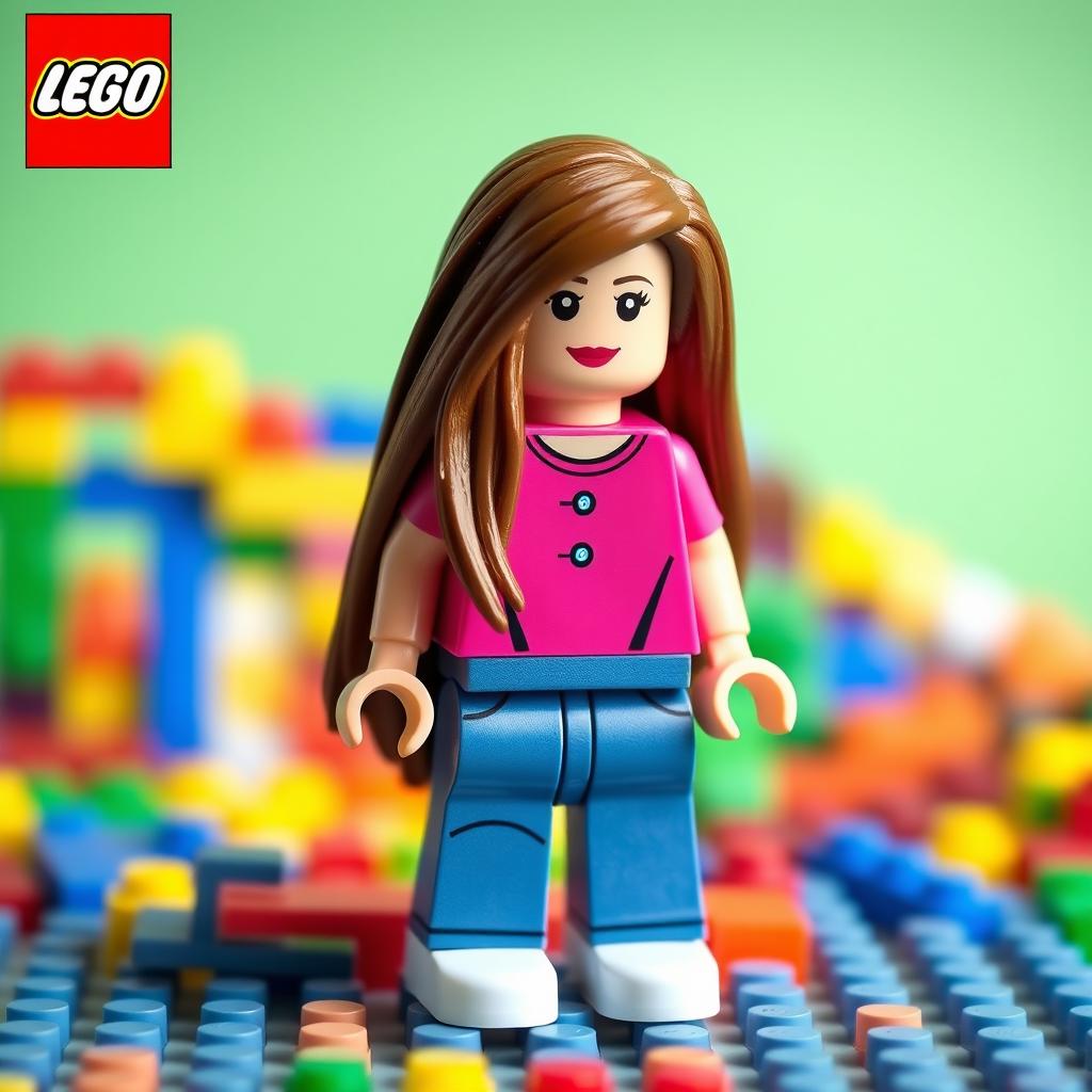 A fully realized Lego doll featuring a body with a bright pink blouse and blue denim jeans