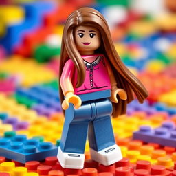A fully realized Lego doll featuring a body with a bright pink blouse and blue denim jeans