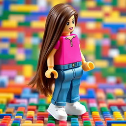 A fully realized Lego doll featuring a body with a bright pink blouse and blue denim jeans