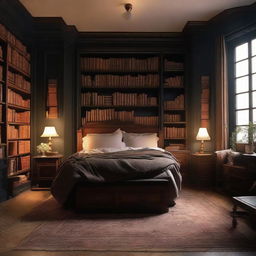 Design a bedroom following the dark academia aesthetic, filled with book stacks, antique furniture, vintage decor, and low, warm lighting.