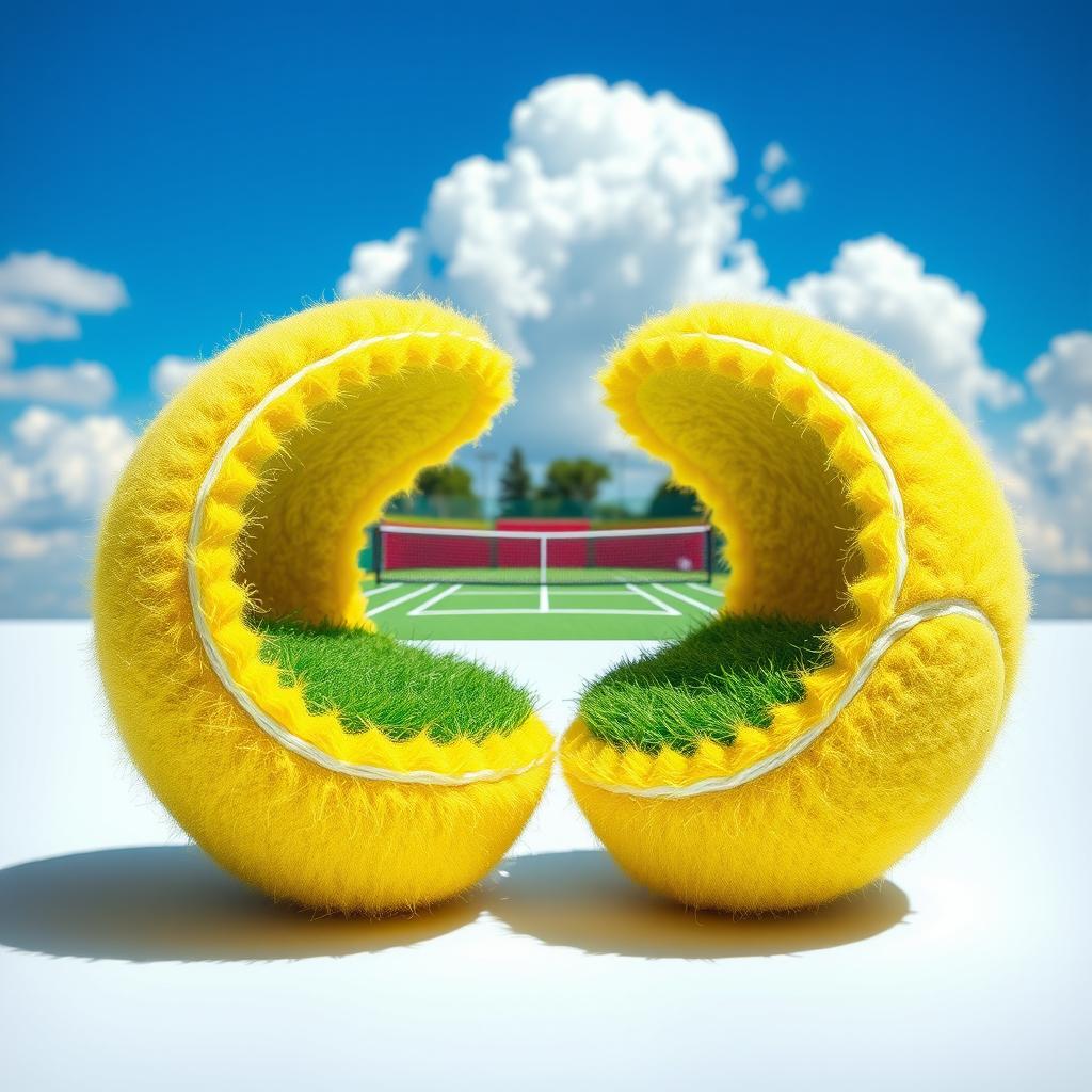 A visually striking image of a yellow tennis ball meticulously split in half, revealing a detailed tennis court nestled inside
