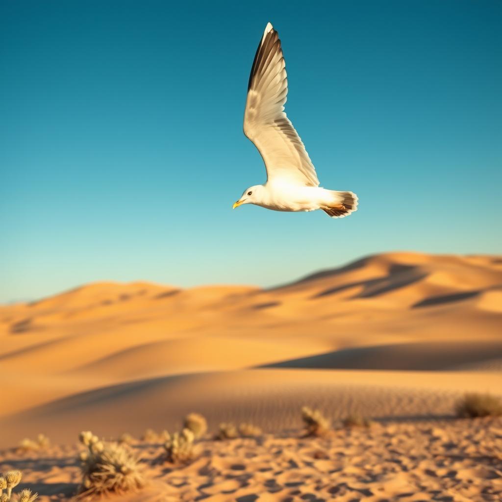 A seagull gracefully soaring over a vast desert landscape, with golden sand dunes stretching into the horizon under a clear blue sky