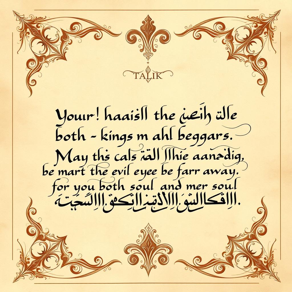 An exquisite piece of calligraphy in the Talik style featuring the Persian couplet: 'Your hair steals the heart of both kings and beggars