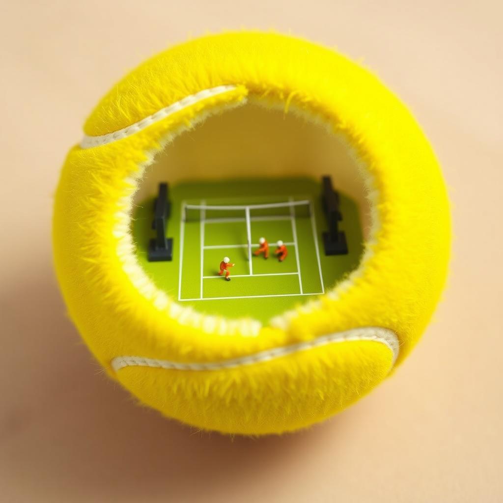 A vibrant yellow tennis ball split in half, showcasing a detailed miniature tennis court inside