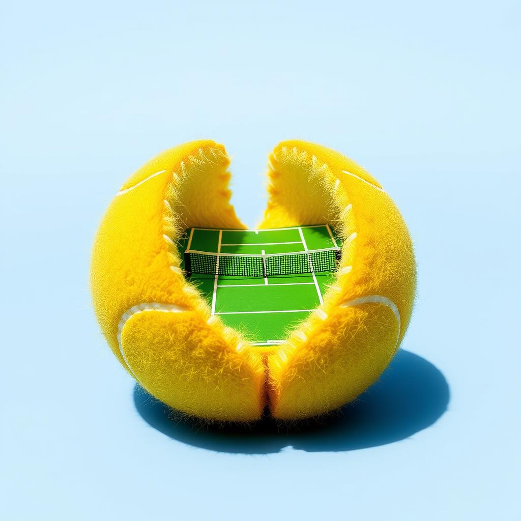 A yellow tennis ball split in half, showcasing a detailed tennis court inside