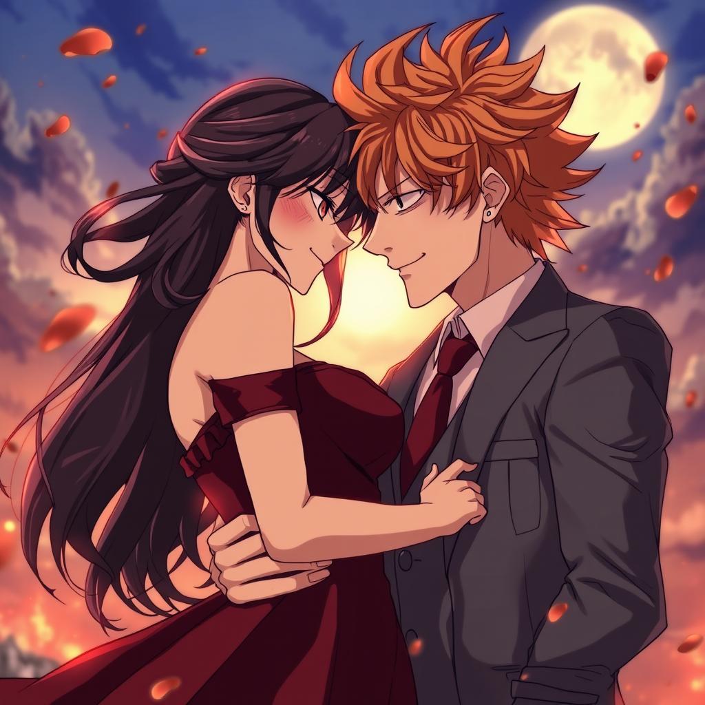 An anime-style romantic scene capturing a couple standing inches apart, enveloped in intense tension as if time has frozen before they give in to their feelings