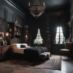 Design a dark academia style bedroom with a witchy vibe. Include fewer books but retain the gothic, vintage charm with antique furniture and magical elements.