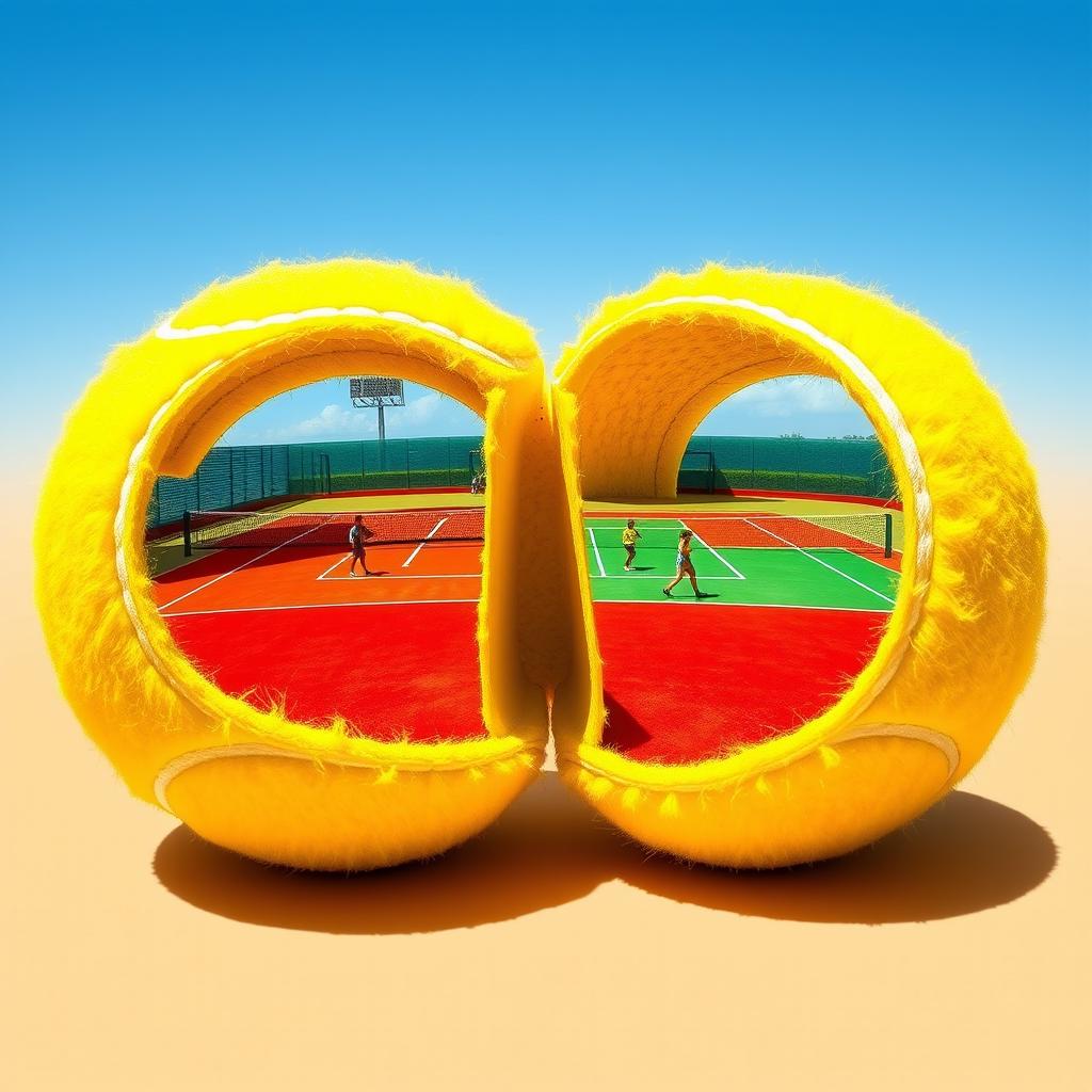 A bright yellow tennis ball split in half, revealing a detailed tennis court inside the ball