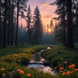 A serene nature scene featuring a tranquil forest at dusk, where the last rays of sunlight filter through the tall trees, casting gentle shadows on the forest floor