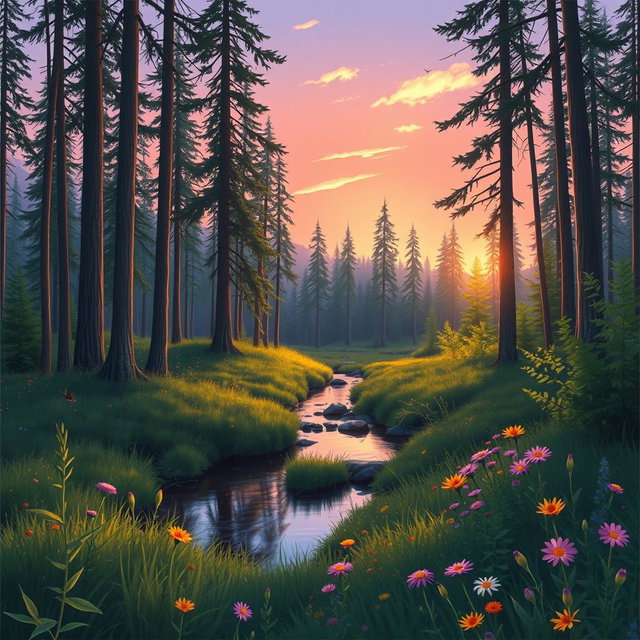 A serene nature scene featuring a tranquil forest at dusk, where the last rays of sunlight filter through the tall trees, casting gentle shadows on the forest floor