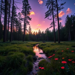 A serene nature scene featuring a tranquil forest at dusk, where the last rays of sunlight filter through the tall trees, casting gentle shadows on the forest floor