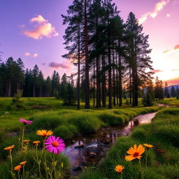 A serene nature scene featuring a tranquil forest at dusk, where the last rays of sunlight filter through the tall trees, casting gentle shadows on the forest floor