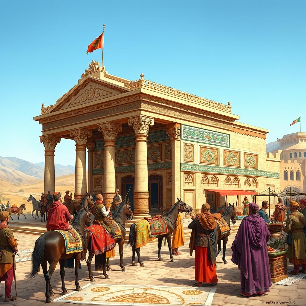 A detailed depiction of an ancient Persian postal station, known as a Chapar Khaneh, during the Achaemenid Empire