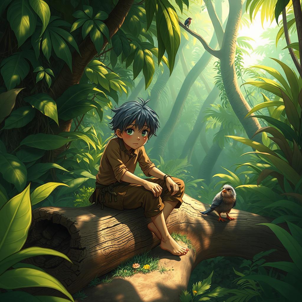 A character sitting on a fallen log, looking contemplative and sorrowful in a vibrant jungle setting