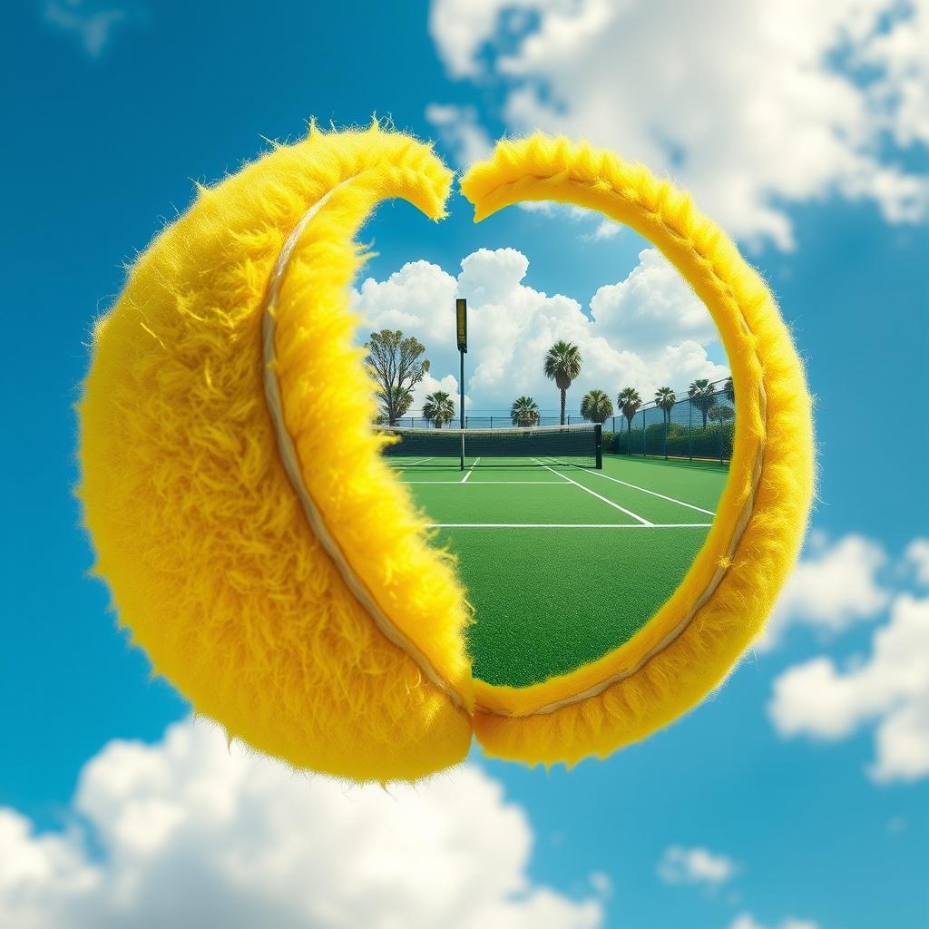 A vibrant yellow tennis ball, perfectly split in half to reveal a detailed and realistic scene of a tennis court inside