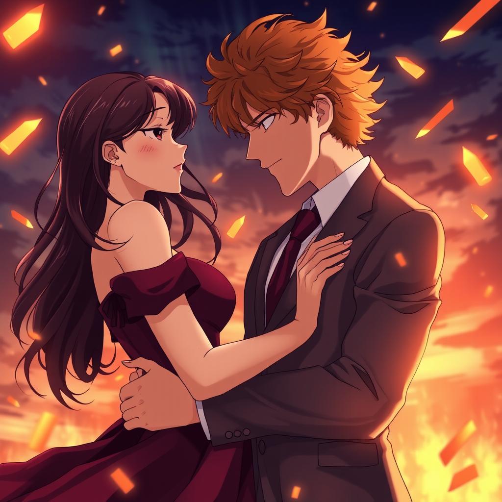 An anime-style romantic scene depicting a couple standing inches apart, enveloped in intense tension as if time has paused before they give in to their feelings