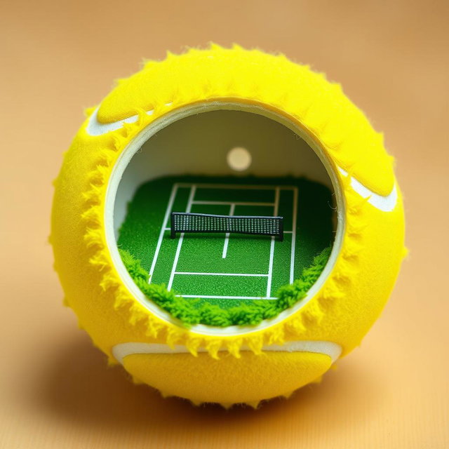 A vibrant yellow tennis ball, split open to reveal a detailed and realistic miniature tennis court inside